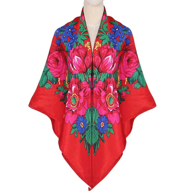 Foulard carré imprimé 140x140cm pour femmes, Style rétro russe, châle à fleurs, mouchoir Babushka, grand Hijab, enveloppe de tête