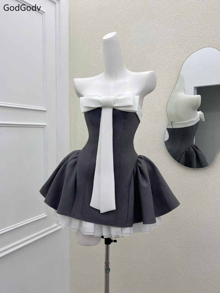 Robe d'été Vintage élégante pour femme, sans bretelles, avec nœud, Patchwork, taille haute, bouffante, Mini, Chic français, tenues Sexy, nouvelle collection 2025