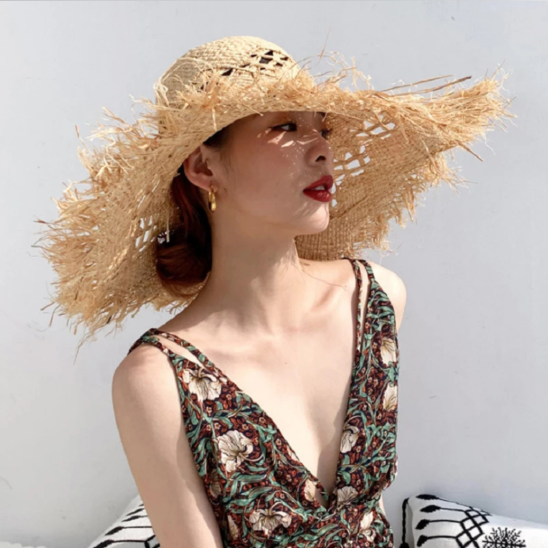 Chapeau de paille en raphia pour femmes, avec nœud papillon, ombrage, panama, large bord, pour les vacances, nouvelle collection été