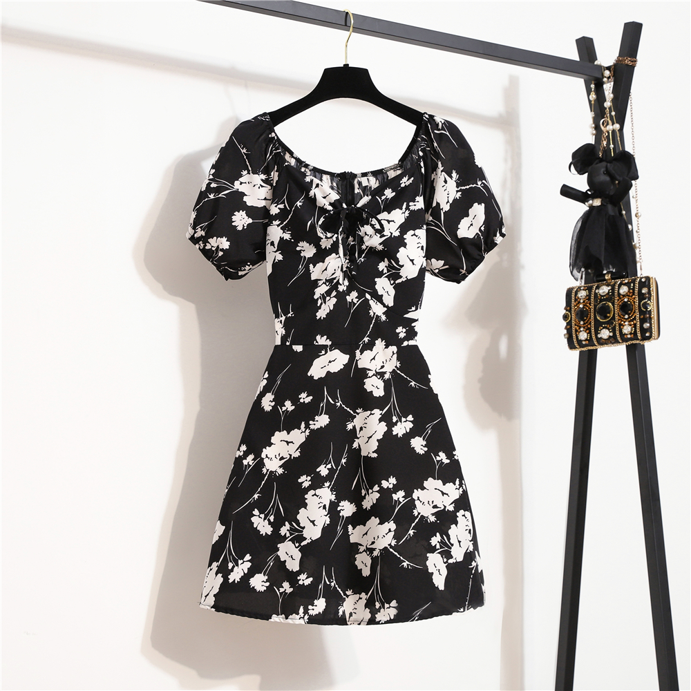 Femmes Mini Robes D'été Mode Femme Robes Imprimé Floral Robes En Mousseline De Soie Fronces Plissée Manches Courtes Bouffantes Robe Décontractée
