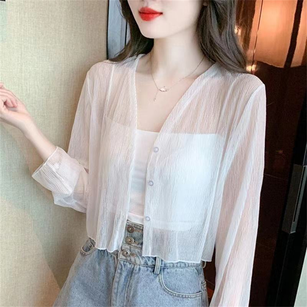 Cardigan en mousseline de soie glacée pour femme, vêtements de protection solaire, jupe camisole fine, couverture extérieure, petite veste châle, été