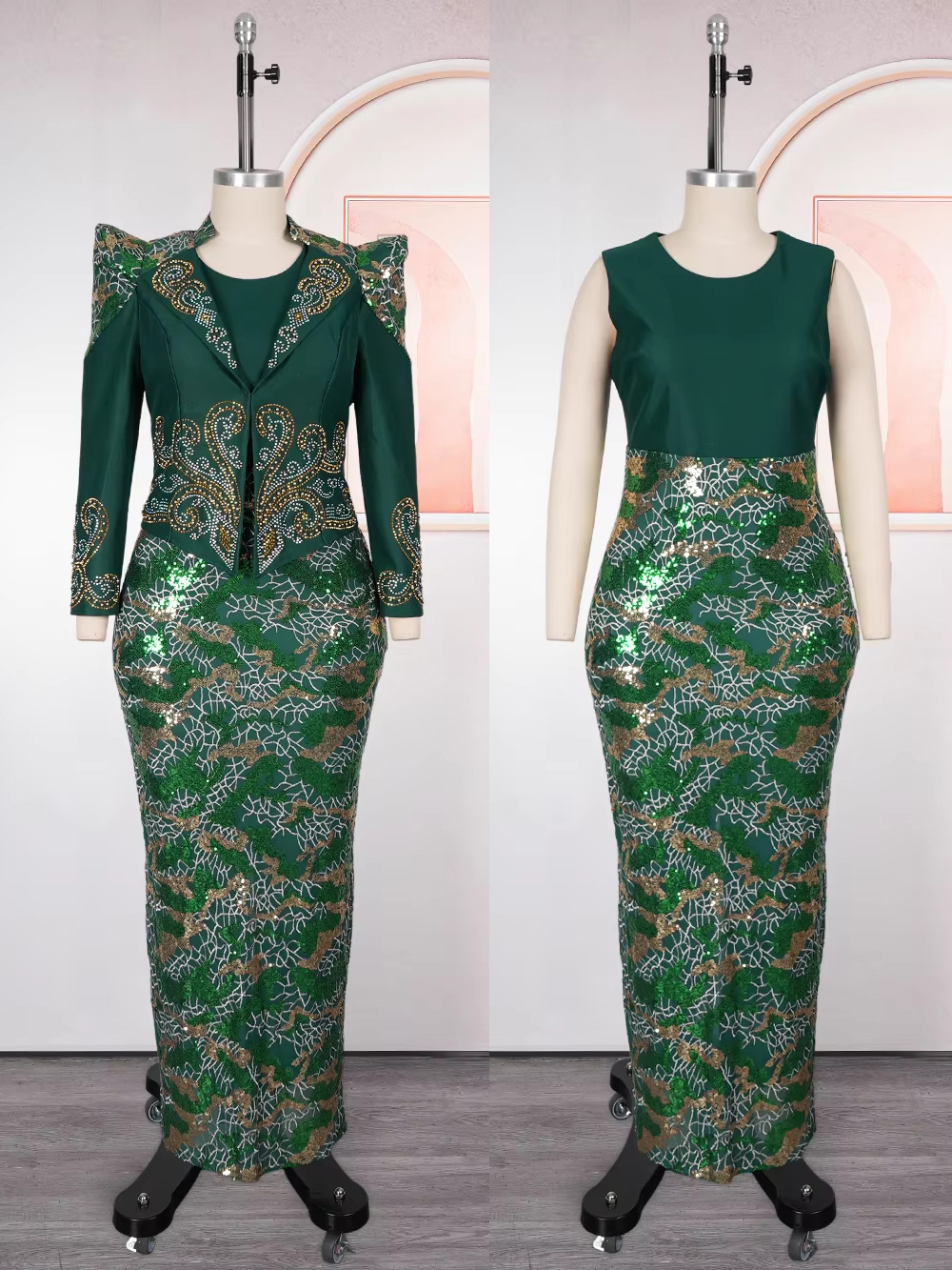 Robes de soirée de mariage de luxe pour femmes, manteau à manches longues et gilet à paillettes, vêtements africains turcs, ensemble 2 pièces, tenue Dashiki