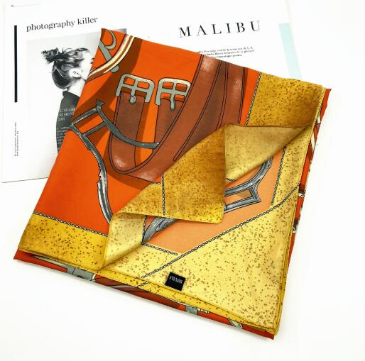 Foulard en soie sergé pour femmes, 130CM, grand châle, étoles, ceinture, chaînes, carré imprimé, bandana enveloppant
