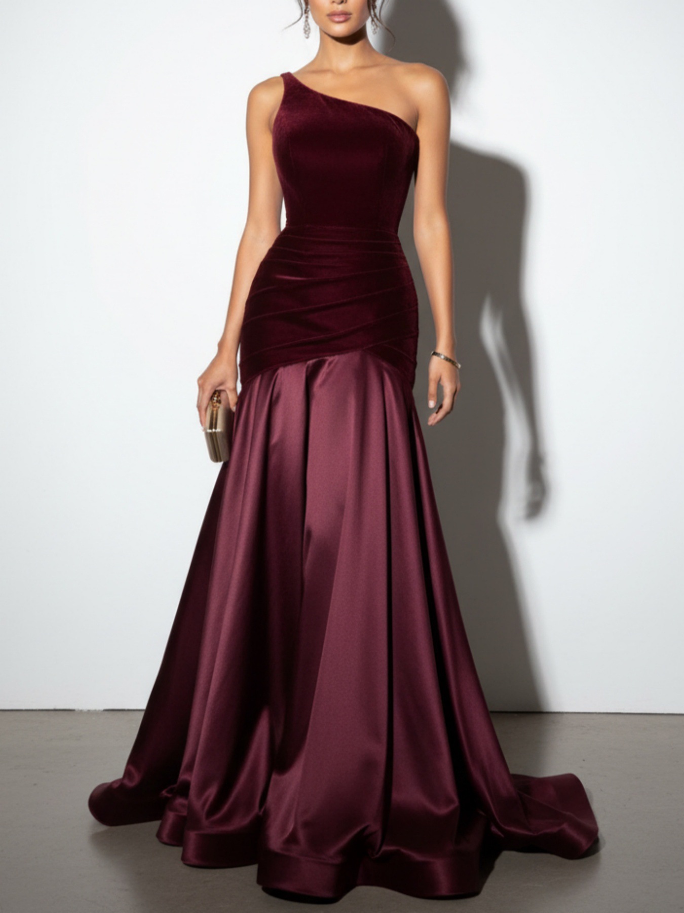 Nouvelle Robe de Soirée Formelle Longue Asymétrique pour Femme, Élégante en Velours Plissé avec Patchwork, Coupe Asymétrique pour Fêtes