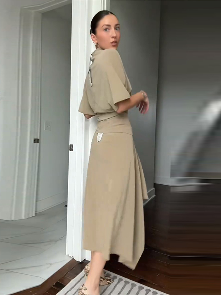 Ensembles Jupe et Haut Femme – Haut Manches Courtes Chauve-Souris Uni et Jupe Longue Irrégulière – Tenues Printemps Chic et Ajustées pour Dames – Nouveaux Vêtements de Club