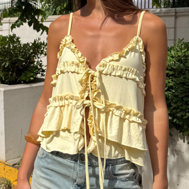 Tops courts à nouer devant pour femmes, style babydoll, bohème, avec bordure à volants, camisole d'été sans manches, coupe ample, débardeur élégant, veste de vacances pour femme