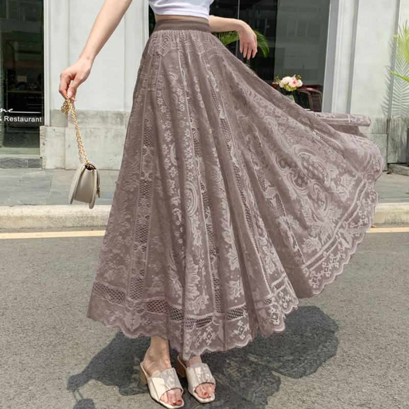 Jupes longues Maxi pour femmes printemps été coréen mignon Style princesse élastique taille haute a-ligne jupe en dentelle florale blanc noir