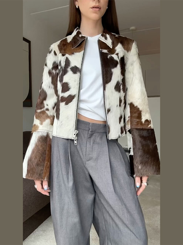 Nouvelle Veste Courte Femme Léopard Automne Hiver 2025 – Élégante, à Revers, Fermeture Éclair, Manches Longues Évasées – Style Urbain Tendance pour Femme