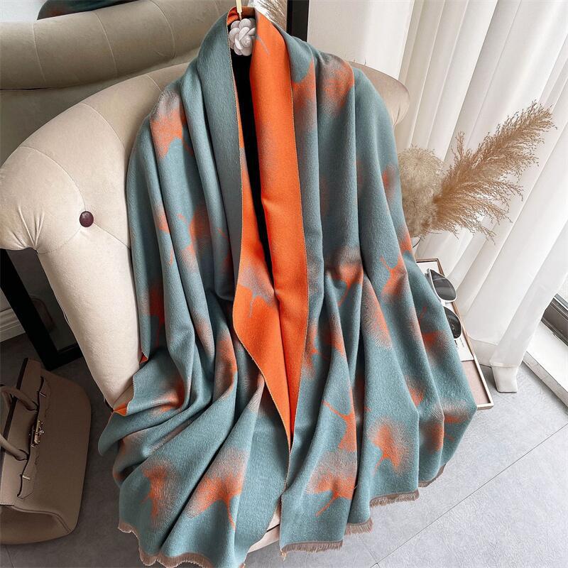 Couverture en cachemire épais bleu pour femme, écharpe chaude, Pashmina, châle, enveloppes d'hiver, Bufanda, imprimé feuilles, nouveau Design, Poncho