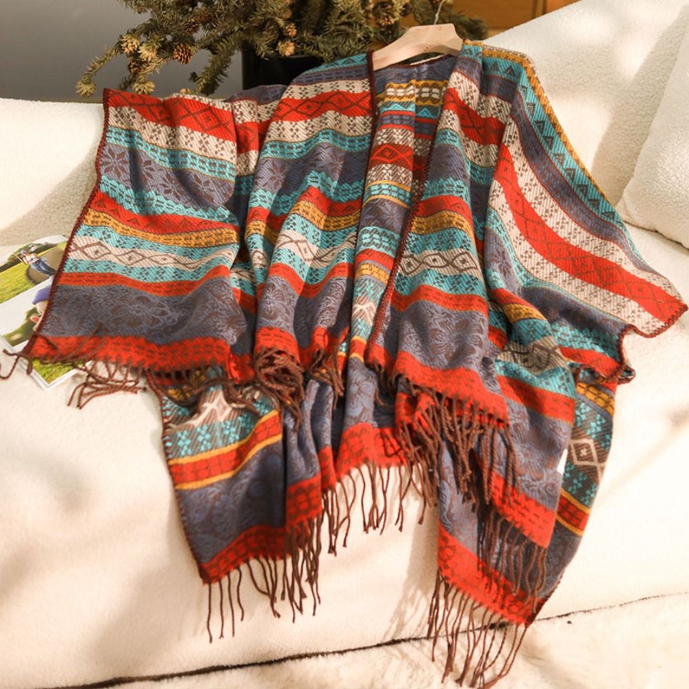 Châle de Luxe de Style Ethnique en Cachemire à Rayures, Cape avec Pompon, Collection Automne et Hiver