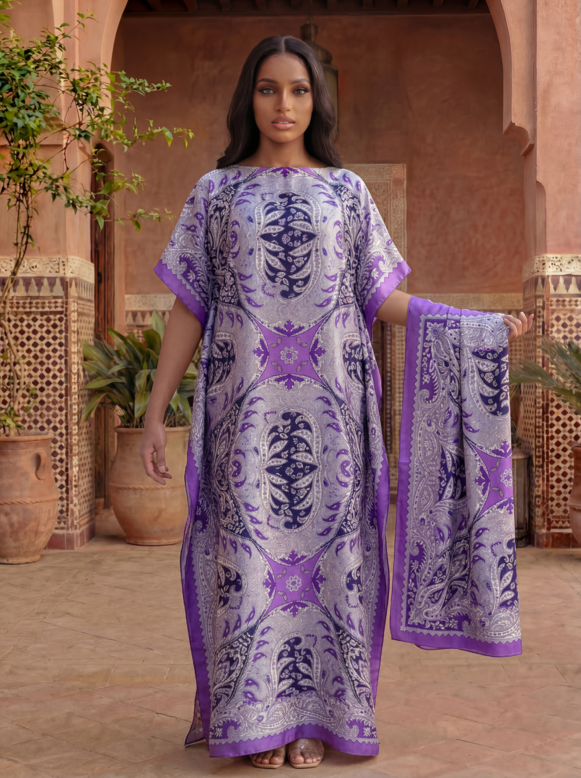 Abaya imprimée style Dubaï avec foulard assorti - Robe maxi kaftan ample à col bateau et manches chauve-souris pour femmes musulmanes