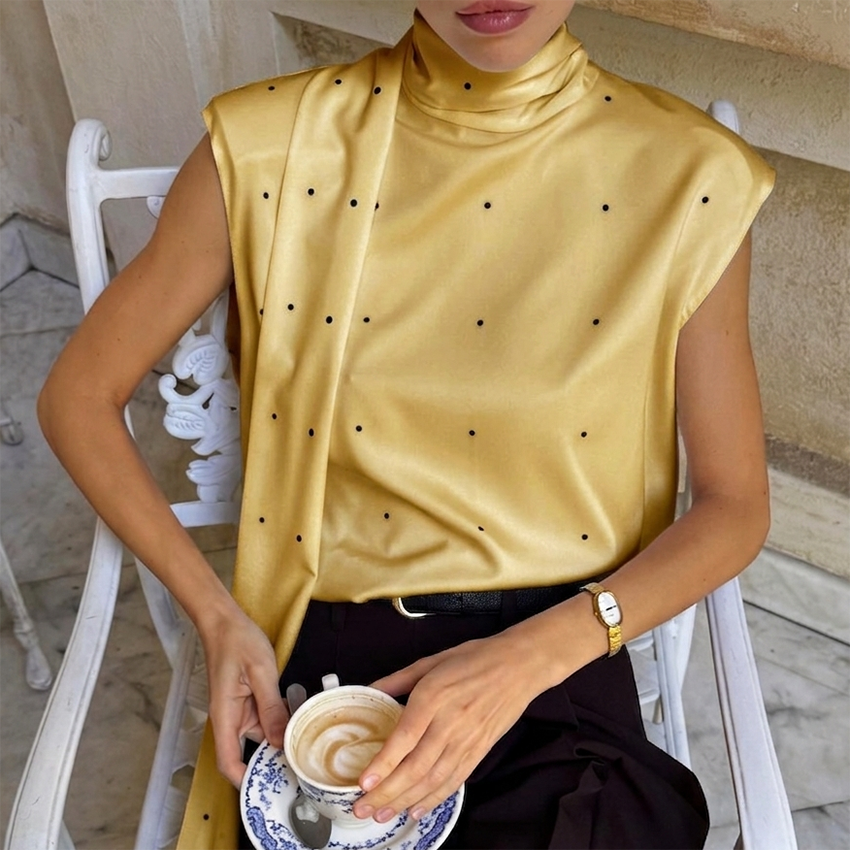 Linad Street Chic Débardeur Femme 2026 en Satin et Soie à Col Foulard, à Pois, Élégant, Décontracté d'Été, Dos Nu, à Lacets
