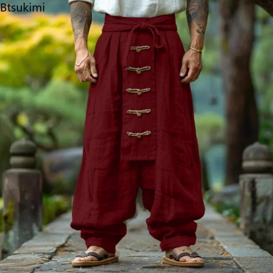 Pantalon Vintage en coton et lin pour hommes, jambes larges, décontracté, avec cordon de serrage, poches, Baggy, Streetwear, Harajuku, printemps été