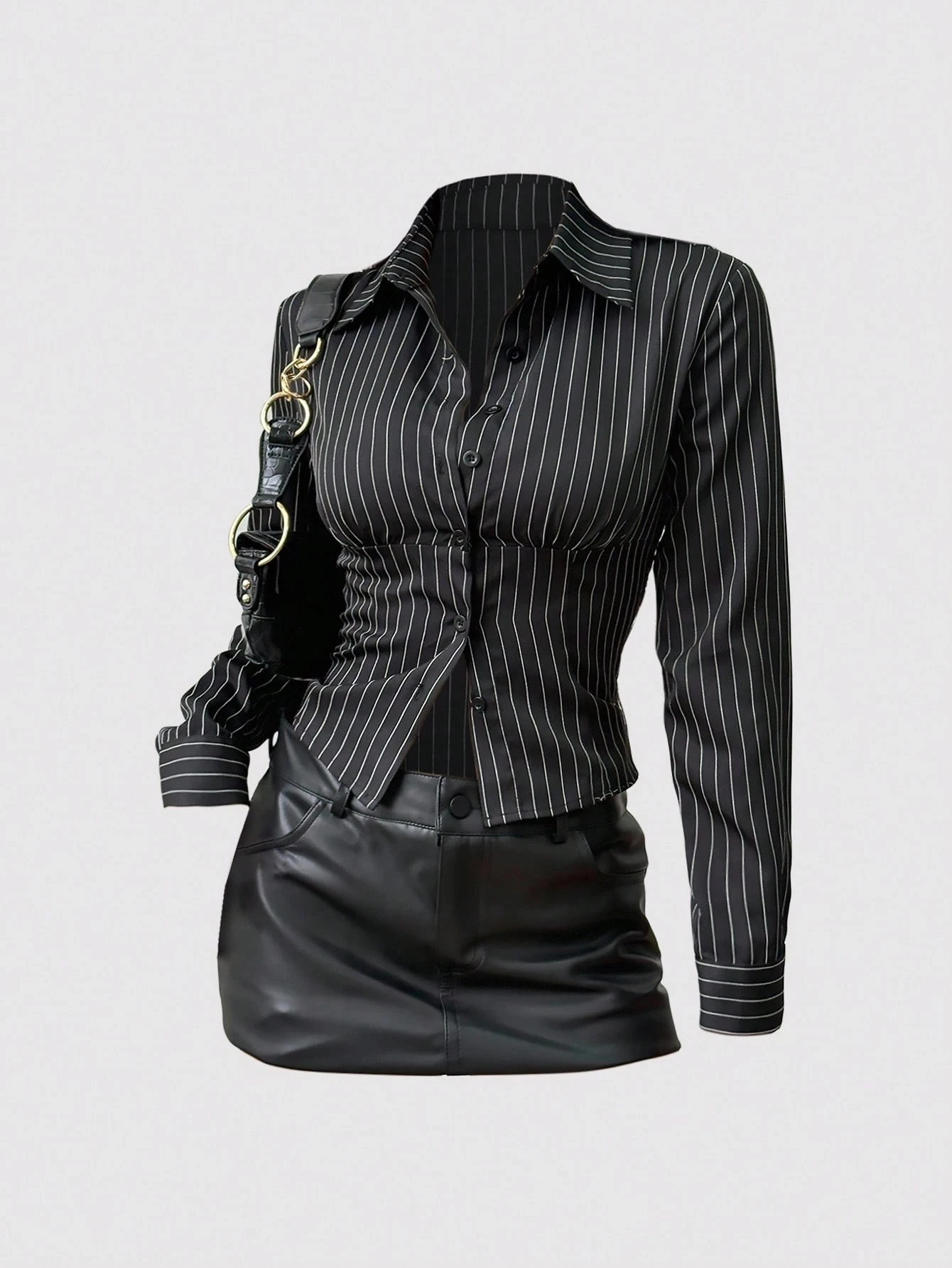 Chemise à manches longues rayée pour femmes, élégante, boutons texturés, taille ajustée, noire, bureau, simple boutonnage, chemise courte, printemps/automne