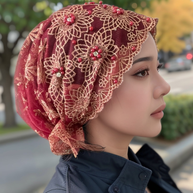 Femmes élégant foulard chapeau brodé perlé Double couche dentelle chapeaux sous-écharpe Bonnet bonnets perte de cheveux couverture musulman Hijab casquette