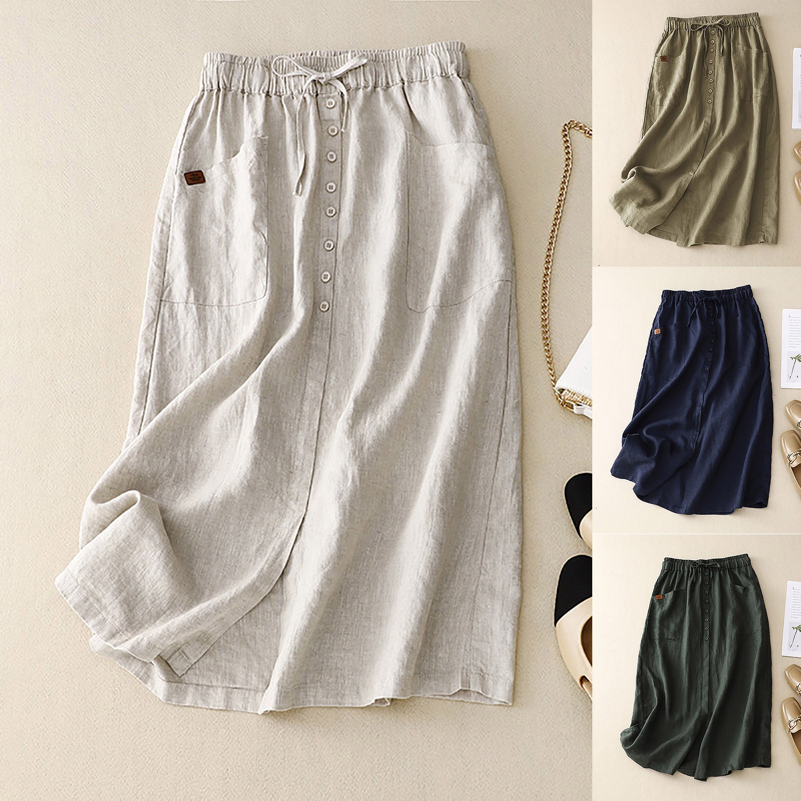 Jupe mi-longue en lin pour femmes, mode coréenne, fendue à boutons, couleur unie, taille haute, coupe trapèze, décontractée, pour les vacances à la plage