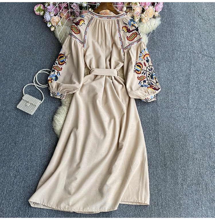 Robe Trapèze Brodée à Manches Bouffantes pour Femme, Col Rond, Taille Haute, Style Ethnique, Dropshipping