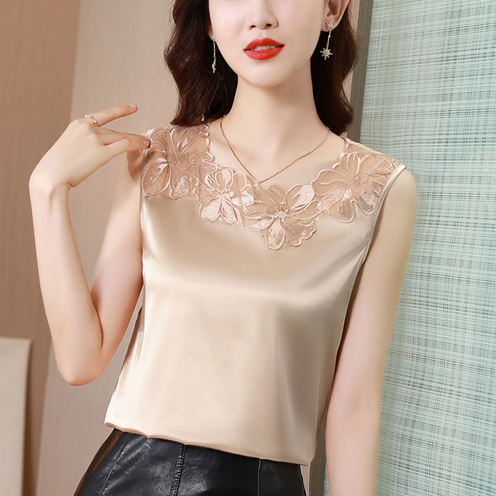 Débardeur d'été en Satin de soie pour femmes, Style coréen, chemisier sans manches en dentelle, élégant, Chic, solide, gilet OL, vêtements pour femmes