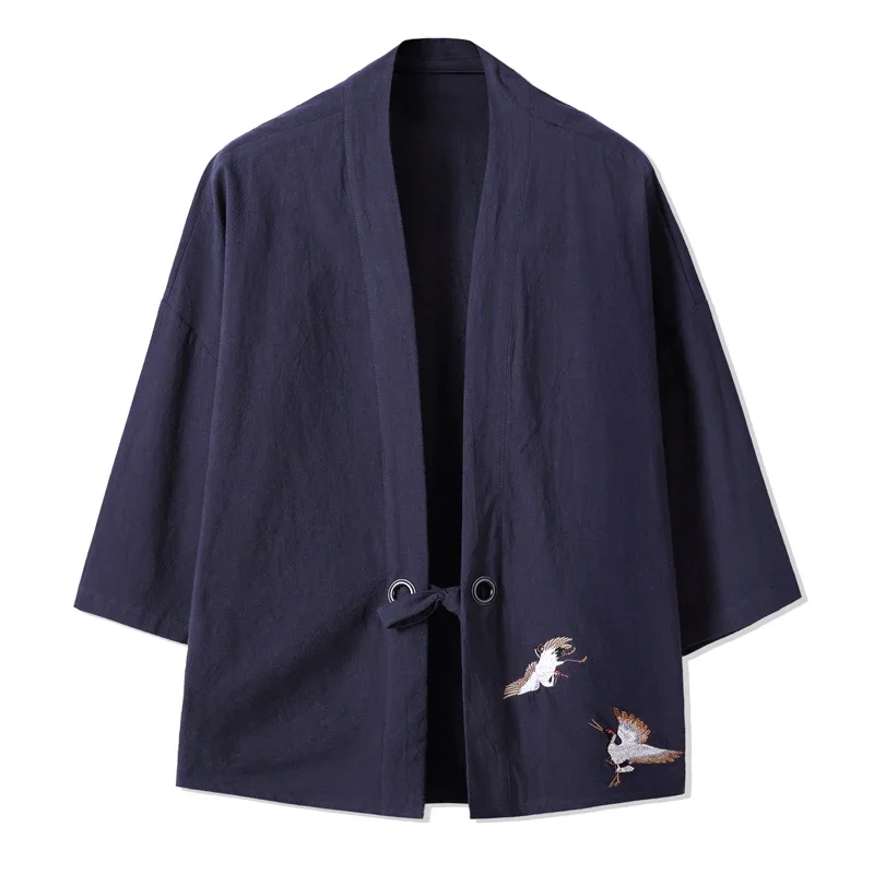 Kimono pour hommes, broderie de grue, style japonais Harajuku, cardigan décontracté en coton, costume de samouraï pour hommes, Yukata, vêtements asiatiques, vestes pour hommes