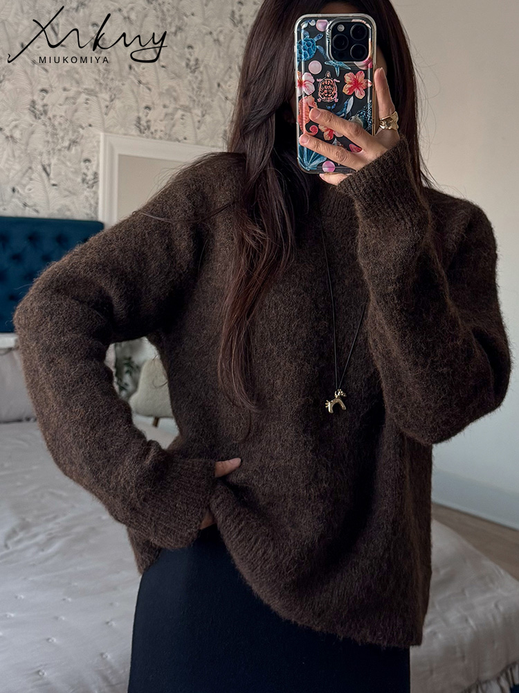 Pull d'hiver pour femmes, chandails chauds à col rond, tricots amples, pulls basiques marron pour femmes, rose d'hiver