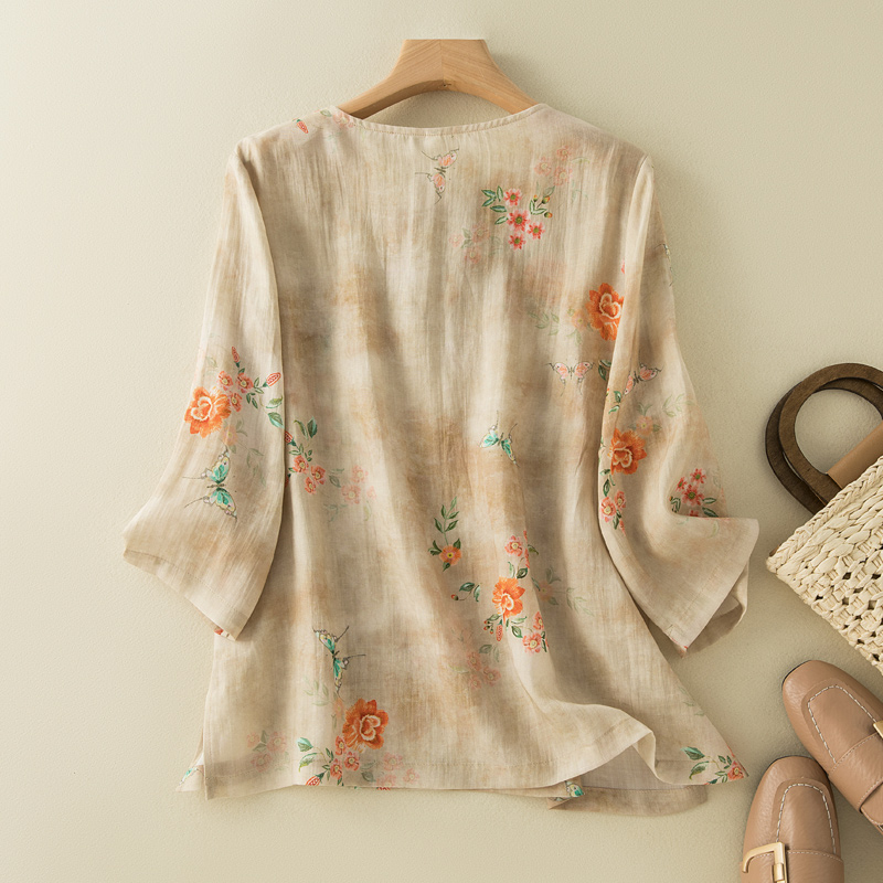 Style chinois abricot impression florale col rond manches courtes T-shirt femmes Blouse chemise mode coréenne femme vêtements hauts 2024