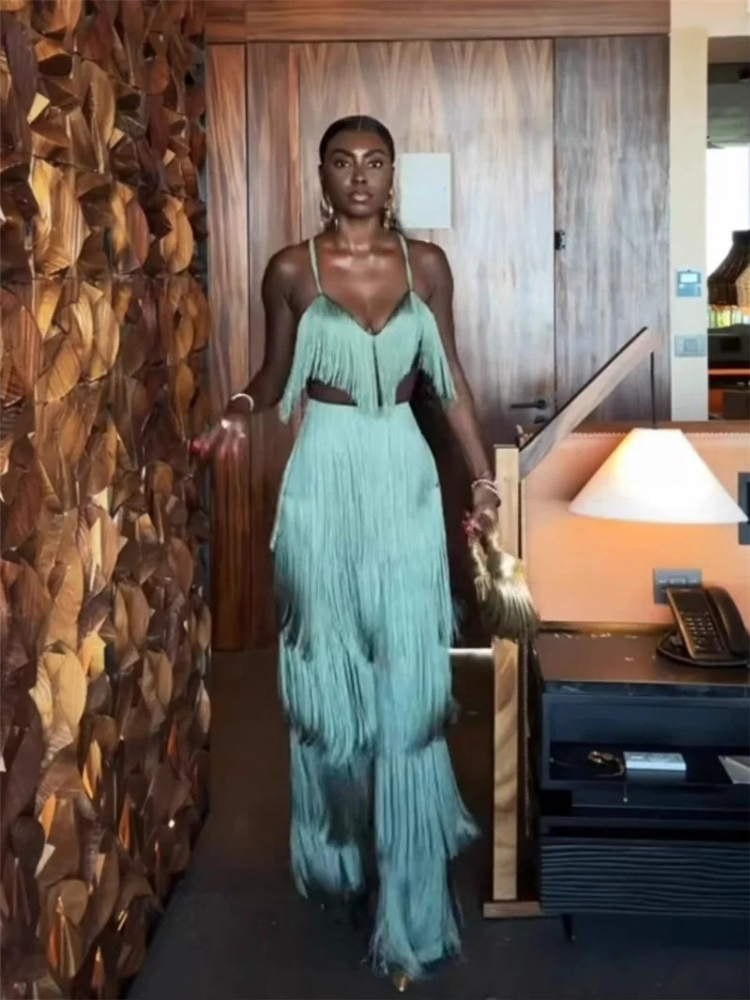 Nouvel ensemble 2 pièces pour femme, turquoise, à franges, avec haut à fines bretelles et pantalon, tenue élégante à découpes à la taille pour soirée, cocktail, club