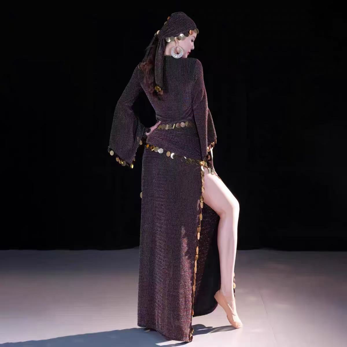Costume de danse du ventre égyptien, Robe Hafla, Baladi Saidi, Galabeya Abaya, 4 pièces, Robe + coiffure + ceinture + sous-vêtements en coton