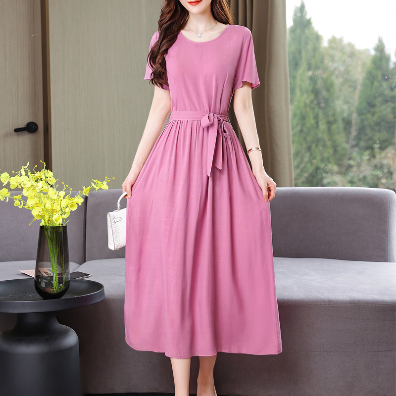 Nouvelle mode robes d'été pour les femmes 2025 élégant décontracté à manches courtes robe Midi couleur unie femmes vêtements