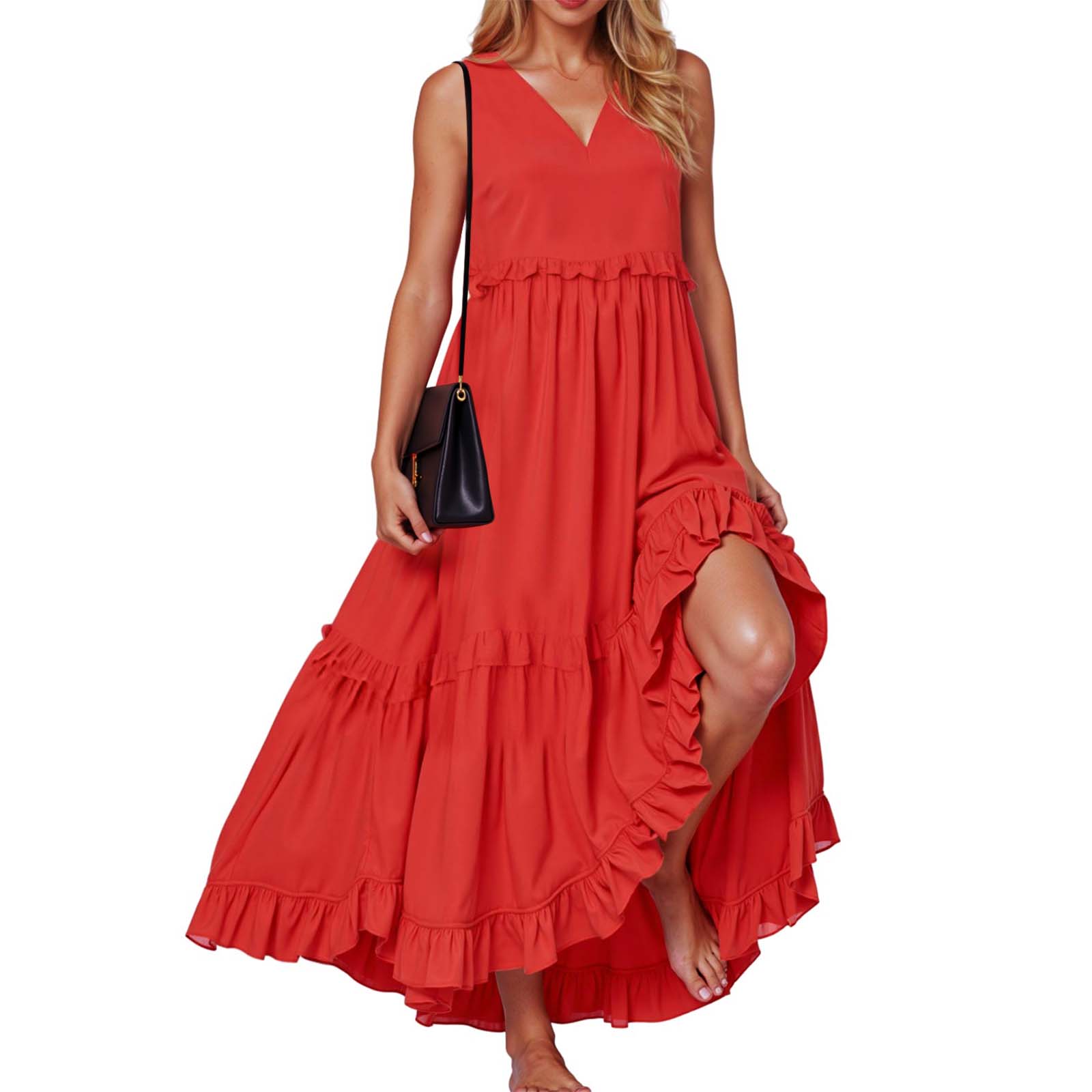 Femmes Boho volants Robe longue été élégant sans manches plage Robe d'été couleur unie Maxi fête robes de soirée Robe Swing Robe
