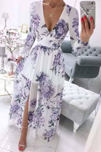 Robe bohème en mousseline de soie pour femme, manches longues, col en V, imprimé