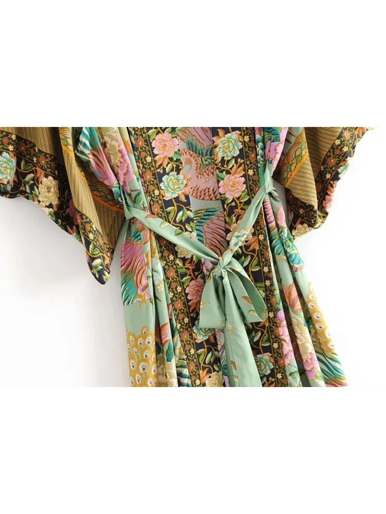 Paon imprimé fleuri manches chauve-souris plage bohème Kimono Robe pour femmes dames vêtements de plage Robe d'été Bikini Boho couvertures