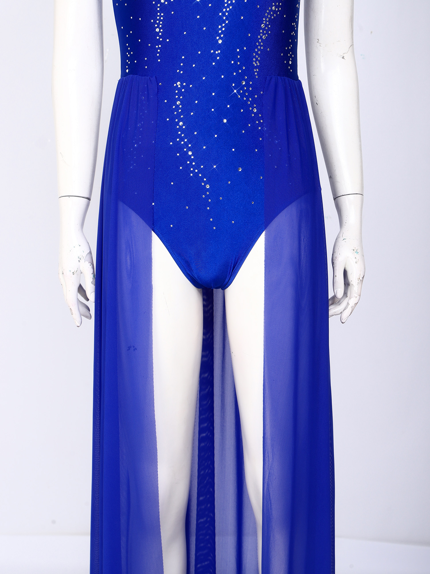 Robe de danse de ballet pour femme, tenue de patinage artistique, justaucorps à strass sans manches asymétrique avec jupe fendue en maille