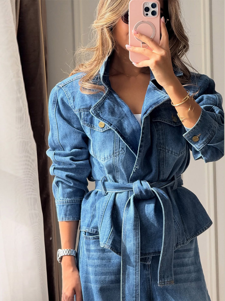 Ensemble élégant de veste en jean à ceinture et pantalon pour femme, veste à col à revers et manches longues avec poches, pantalon à jambes larges, costumes de travail pour femme automne 2026.