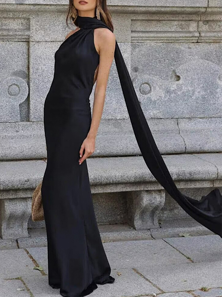 Robe longue élégante en satin à ruban, dos nu et sans manches, robe maxi sexy pour invité de mariage, soirée, robe de soirée, vert, bleu