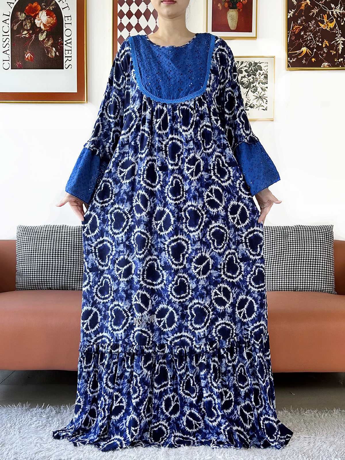 Robe ample musulmane Ramadan 2026 style africain Boubou KASHKHA en dentelle et coton brodé avec grand foulard brodé – Robe longue