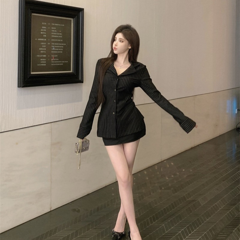 Chemise rayée de Style coréen pour femmes, rétro, col rabattu, manches longues, Slim Fit, haut Sexy, assorti avec tout, mode populaire, automne