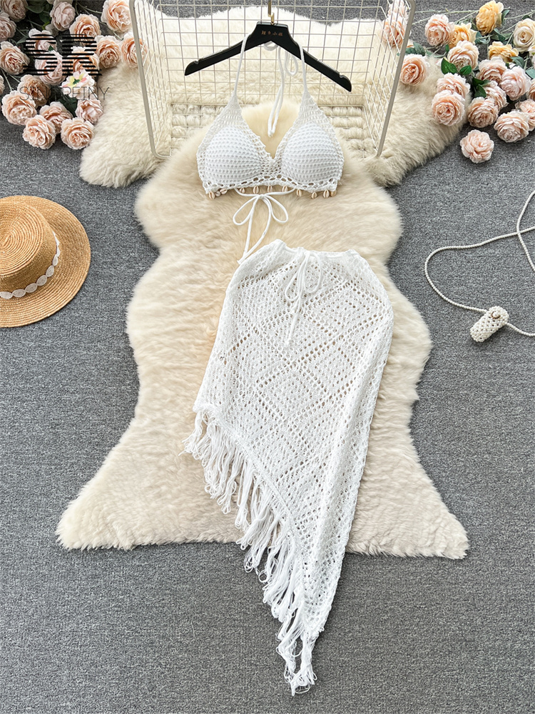 SINGREINY-Jupe longue en tricot à glands pour femme, caraco dos nu, jupe irrégulière, élégant, décontracté, sexy, ensemble deux pièces, été, plage