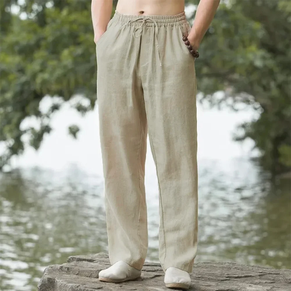 Pantalon de plage pour hommes, jogging, Streetwear, coton et lin, pantalon de survêtement décontracté, vacances hawaïennes, ample, Long, été
