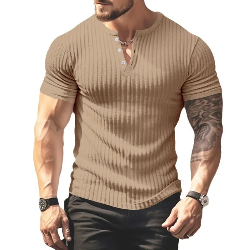 Mode Europe et états-unis couleur unie nouvel été à manches courtes commerce extérieur Henry chemise décontracté tricoté T-shirt