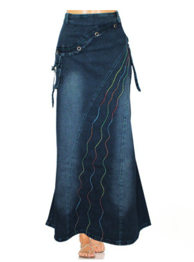 Jupe longue taille haute en denim pour femme, imprimé vintage, tempérament, patchwork, poche, grande balançoire, jupes en queue de poisson pour femme, automne, 2024