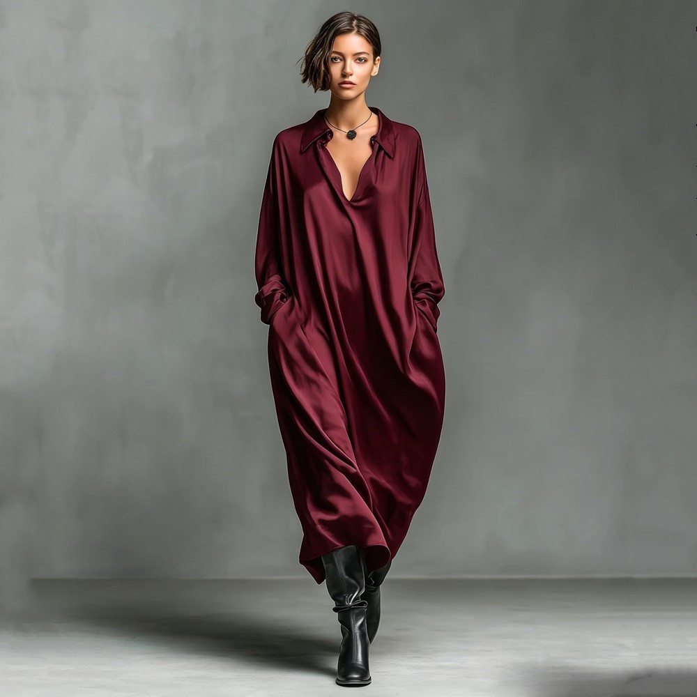 Robe longue satinée vintage grande taille pour femme, nouvelle collection, décontractée, ample, printemps-automne, élégante, vêtements 2026