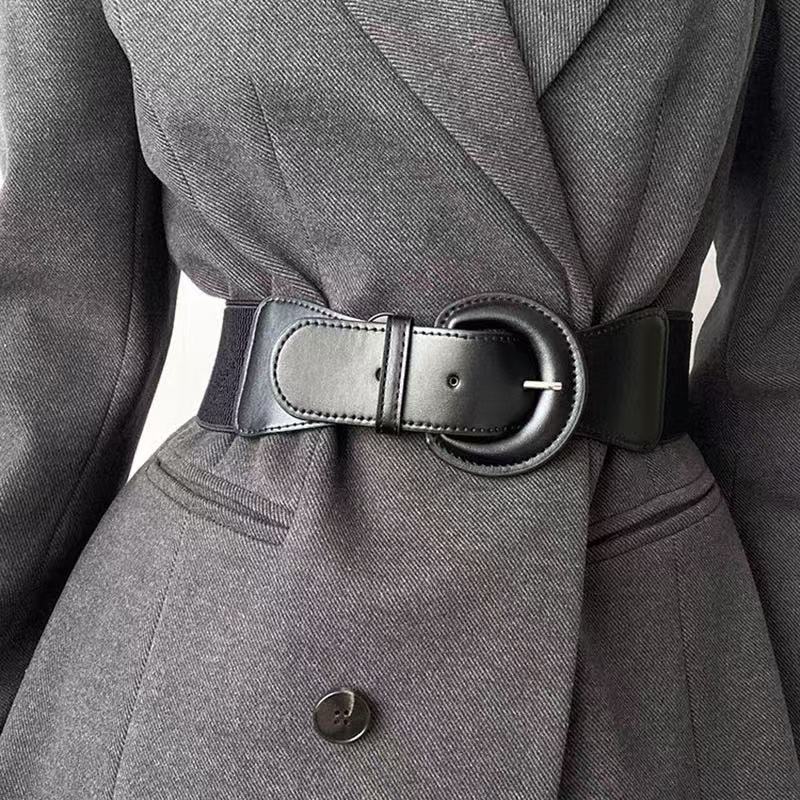 Ceinture pour femmes européennes et américaines-mode décorative manteau polyvalent costume ceinture élastique cuir noir en forme de D Be