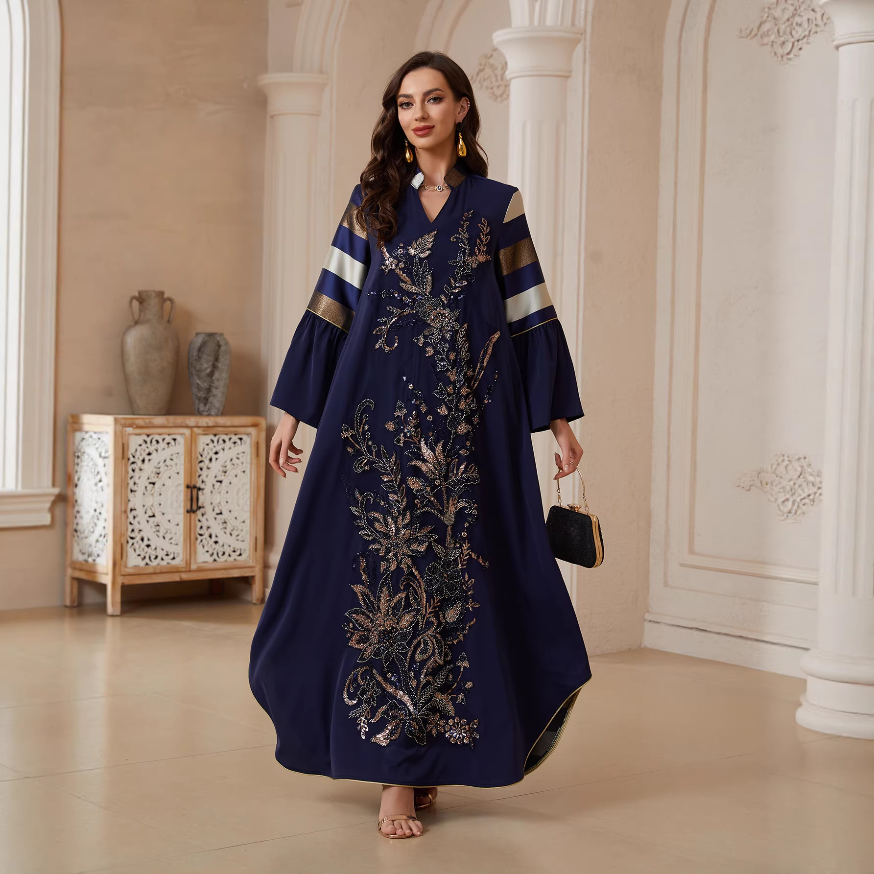 Robe longue Abaya Jalabiya pour femmes musulmanes, tenue de fête Eid, Kaftan Dubaï, Ramadan, avec sequins et patchwork, style arabe, Vestidos 2026