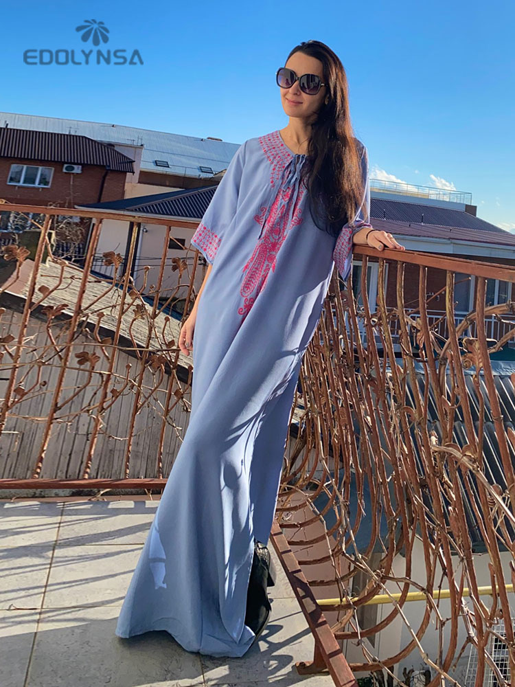 Robe d'été brodée Indie Folk 2026 à manches courtes, tunique en coton, caftan de plage, tenue de plage pour femme, paréo de maillot de bain, robe de plage