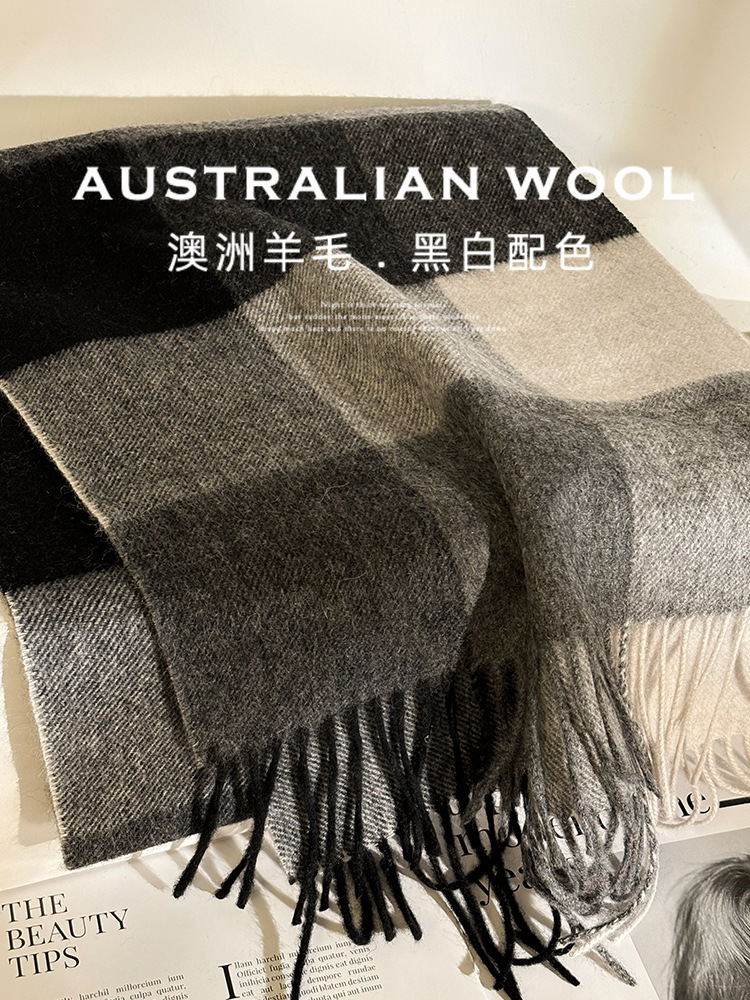Écharpe australienne 100% laine pour femmes, écharpe longue et étroite pour Couple à carreaux minimaliste, chauffe-cou polyvalent pour l'hiver