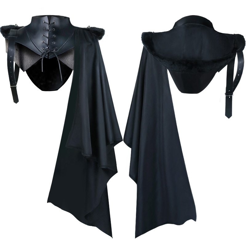 Cape chauve-souris asymétrique en PU, style gothique punk, pour adulte, costume médiéval et de la Renaissance, avec capuche de chevalier et col armure, tenue d'Halloween pour homme