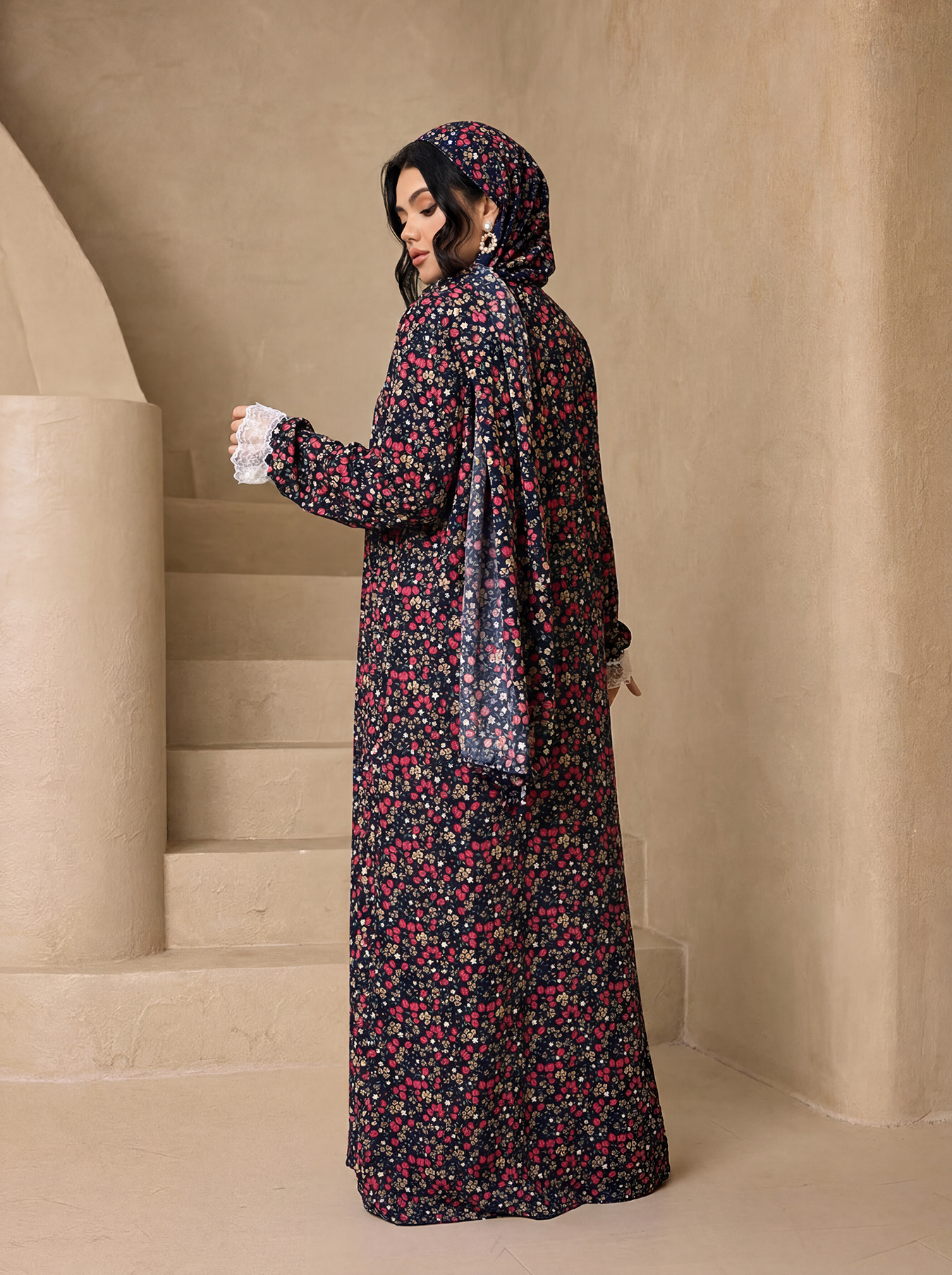 Abaya vintage à imprimé floral, ensemble de 3 pièces avec hijab assorti, robe maxi modeste à manches en dentelle blanche, tenue de fête pour femmes musulmanes