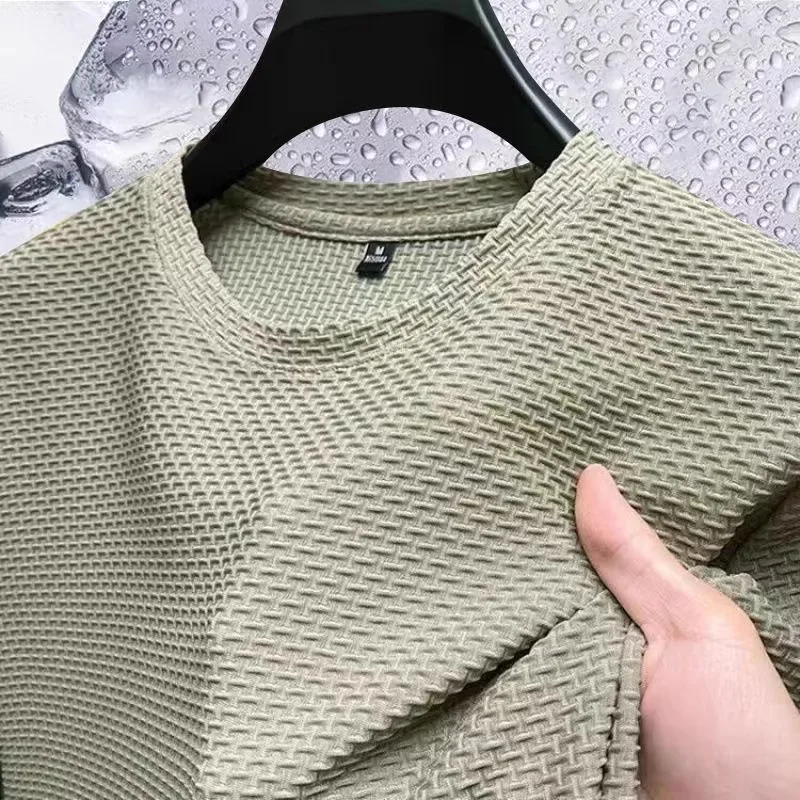 Été glace soie haut de gamme couleur unie haute qualité à manches courtes t-shirts hommes respirant mode T-Shirt mâle marque vêtements 5XL
