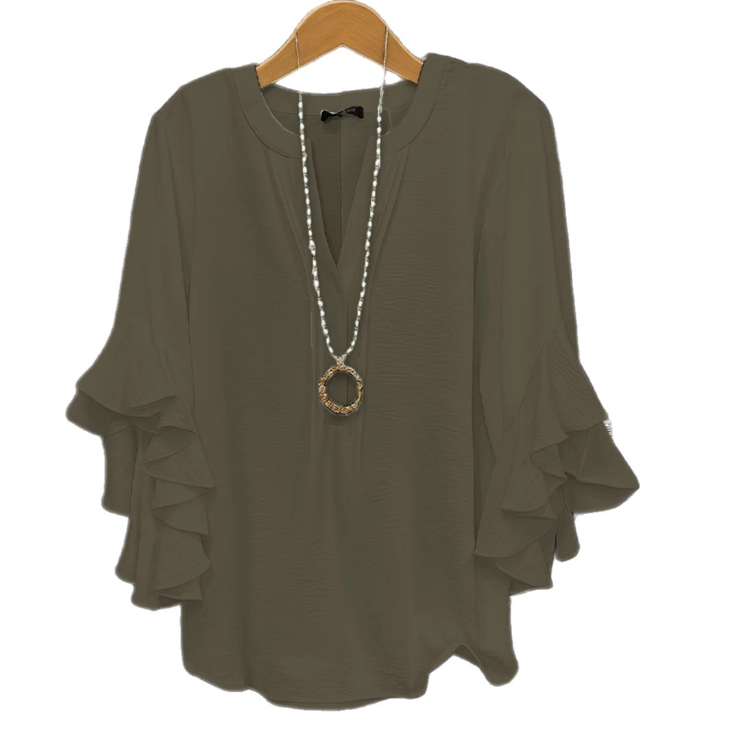 Femmes à volants col en V 3/4 à manches longues Blouse ample chemises mode d'été femme couleur unie affaires vêtements de travail OL haut blouse