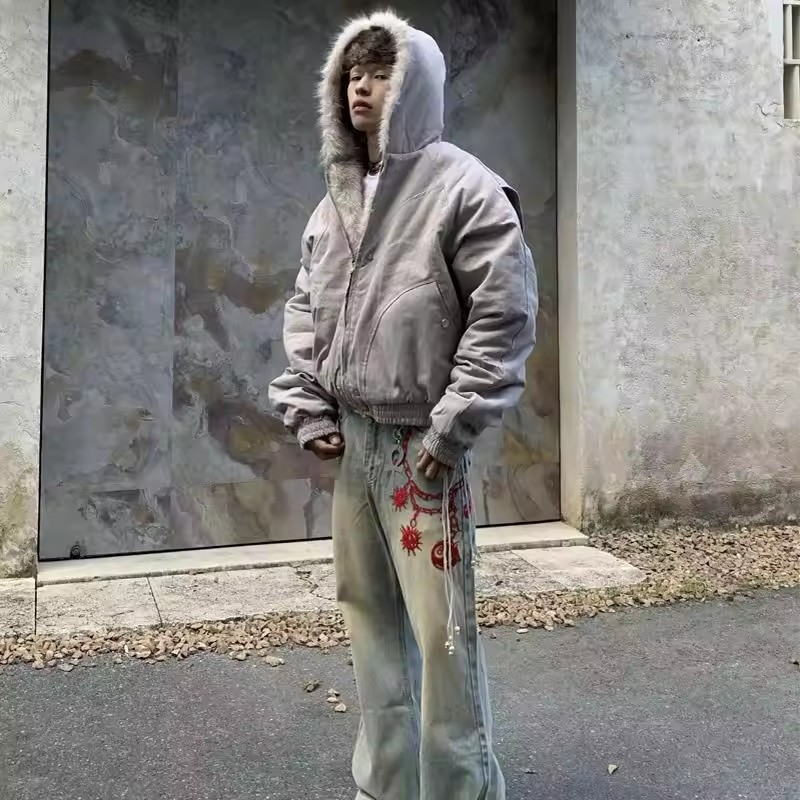 Vêtements chauds d'hiver pour hommes et femmes, manteau rétro Simple en peluche, vêtements de sport, nouvelle veste ample en coton à capuche, Punk, col en fourrure, veste pour Couple